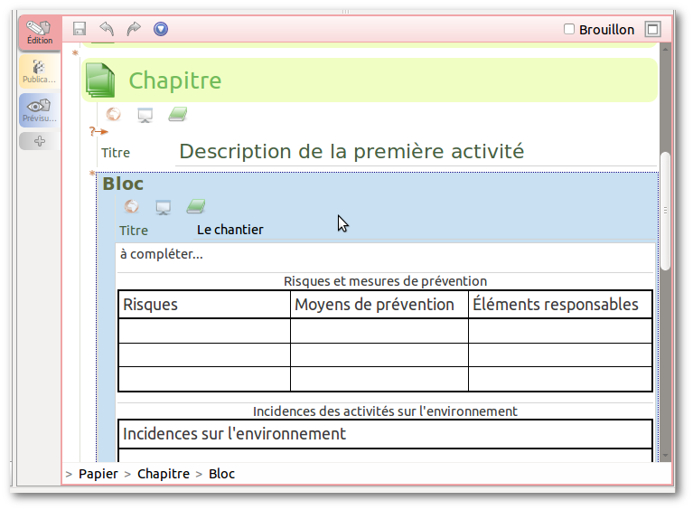 Un exemple de chapitre déployé pour visualiser les zones de saisie prêtes à remplir.