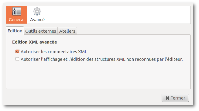 Il est possible d'ajouter des «commentaires» d'aide à la saisie ou de correction qui ne seront pas publiés. Pour cela il faut activer l'option «commentaires XML» dans les Préférences du logiciel.